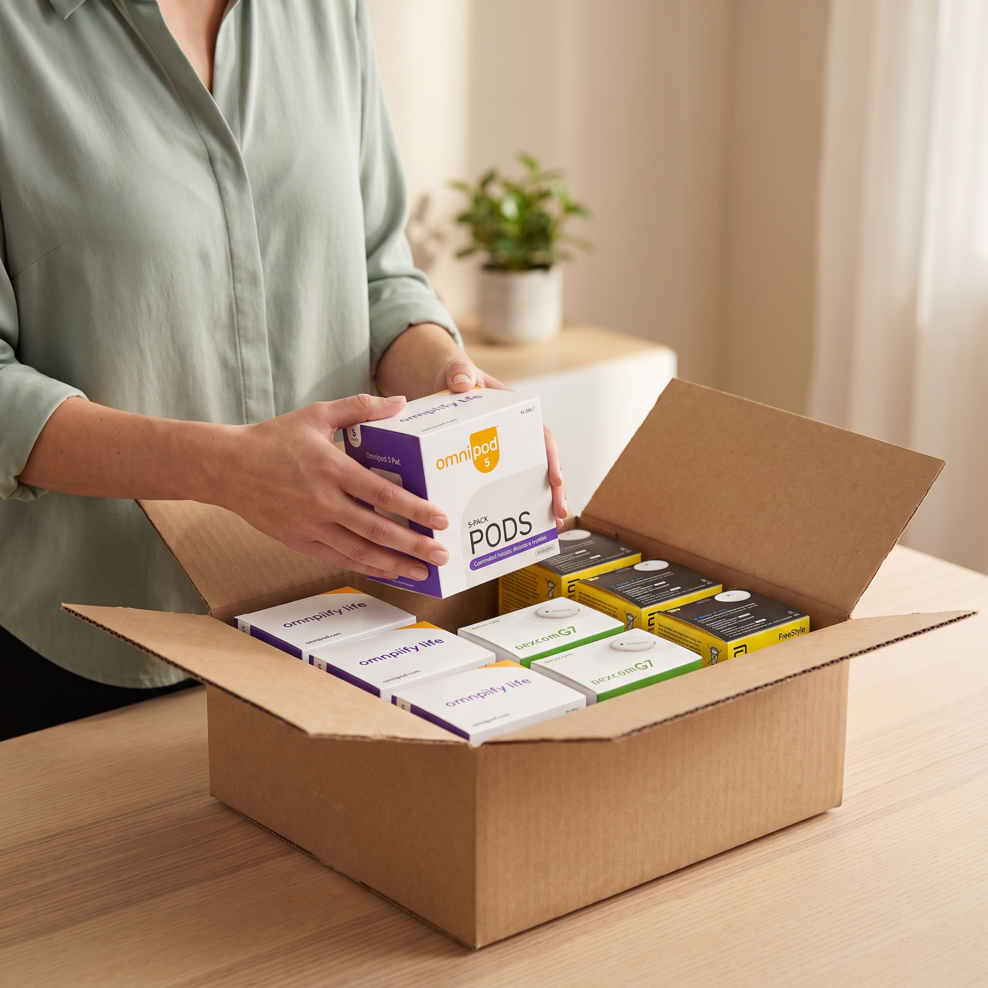 Sealed diabetes supplies being packed into a shipping box